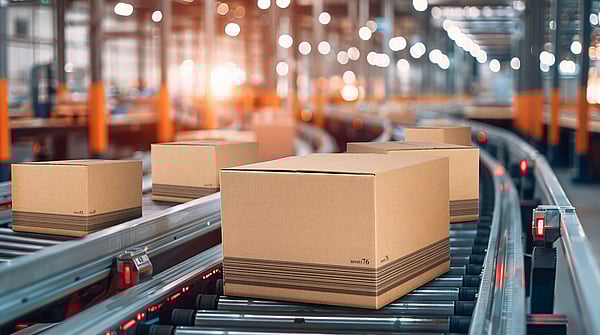 There are some boxes moving along a rail in a factory.